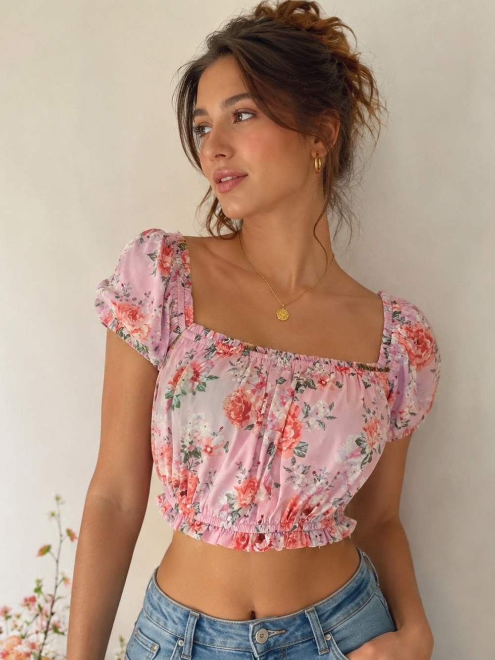 Forever 21 Pink Floral Puff Sleeve Crop Top Cottagecore Coquette Small